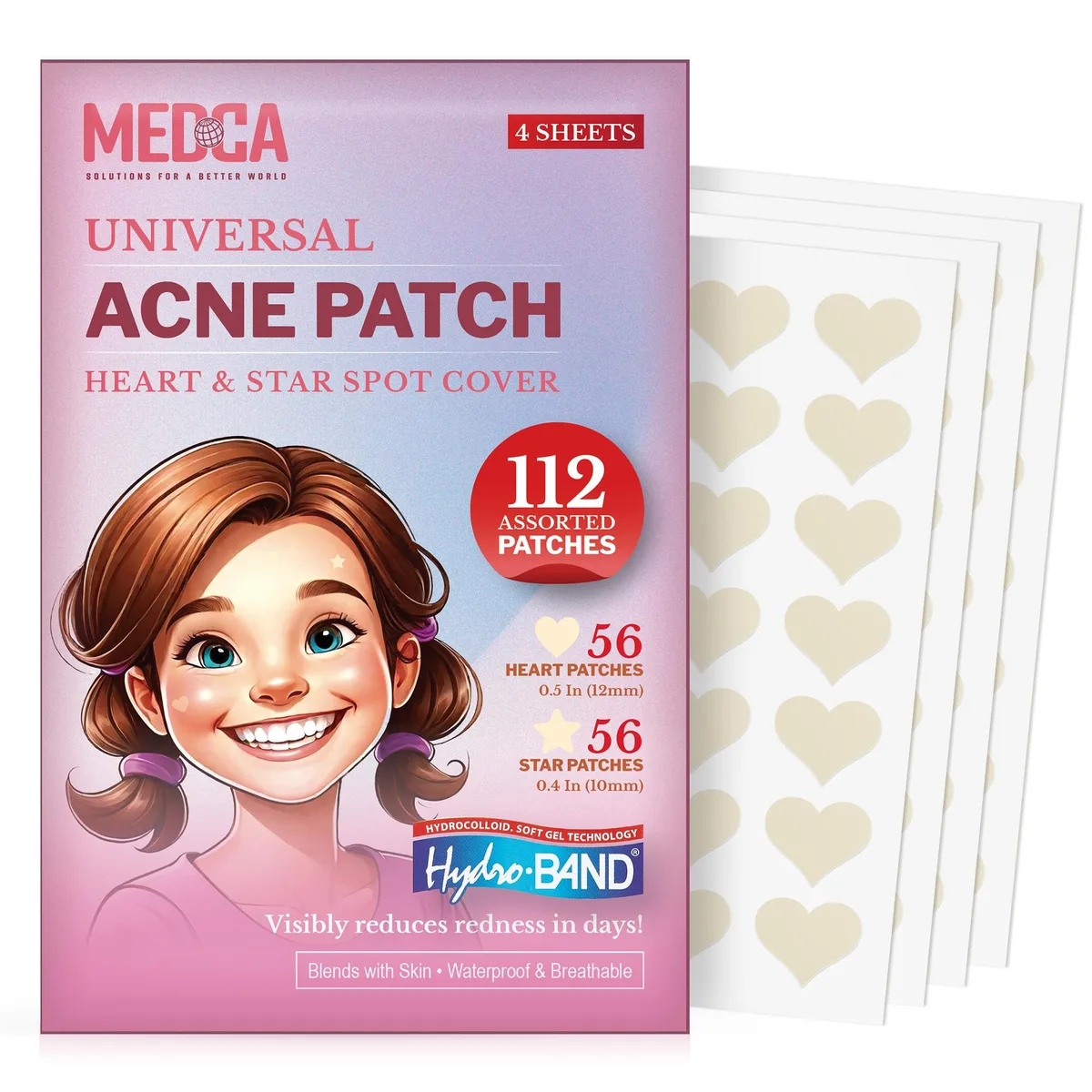 Pack of 112 hydrocolloid acne patches in heart and star shapes on backing sheets