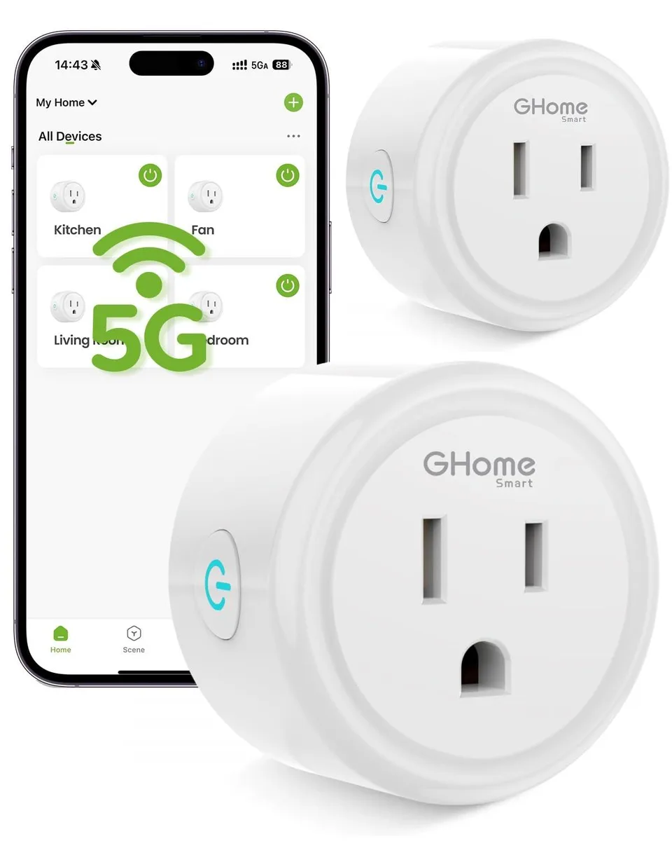 Two compact white smart plugs with a glossy finish, each about two inches square and one inch deep