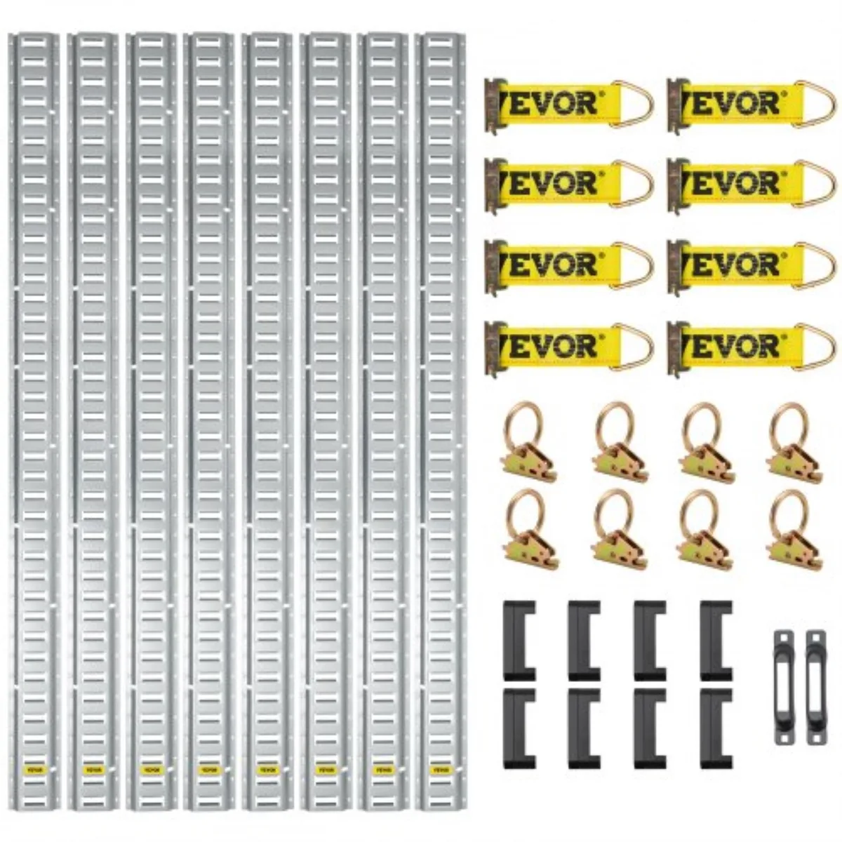 Eight silver steel E-track rails with slots and assorted silver hardware fittings