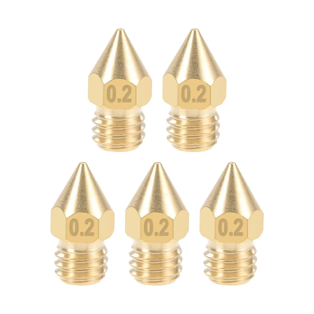 Five small brass M6 nozzles with 0.2mm holes and stamped size markings