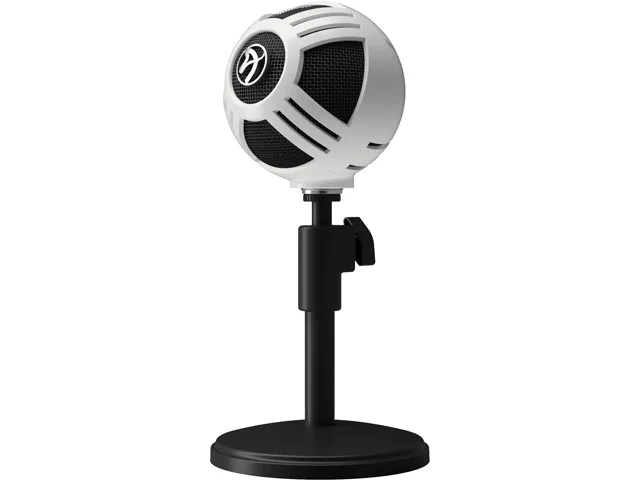 White USB condenser microphone on adjustable desk stand with mute button and headphone jack