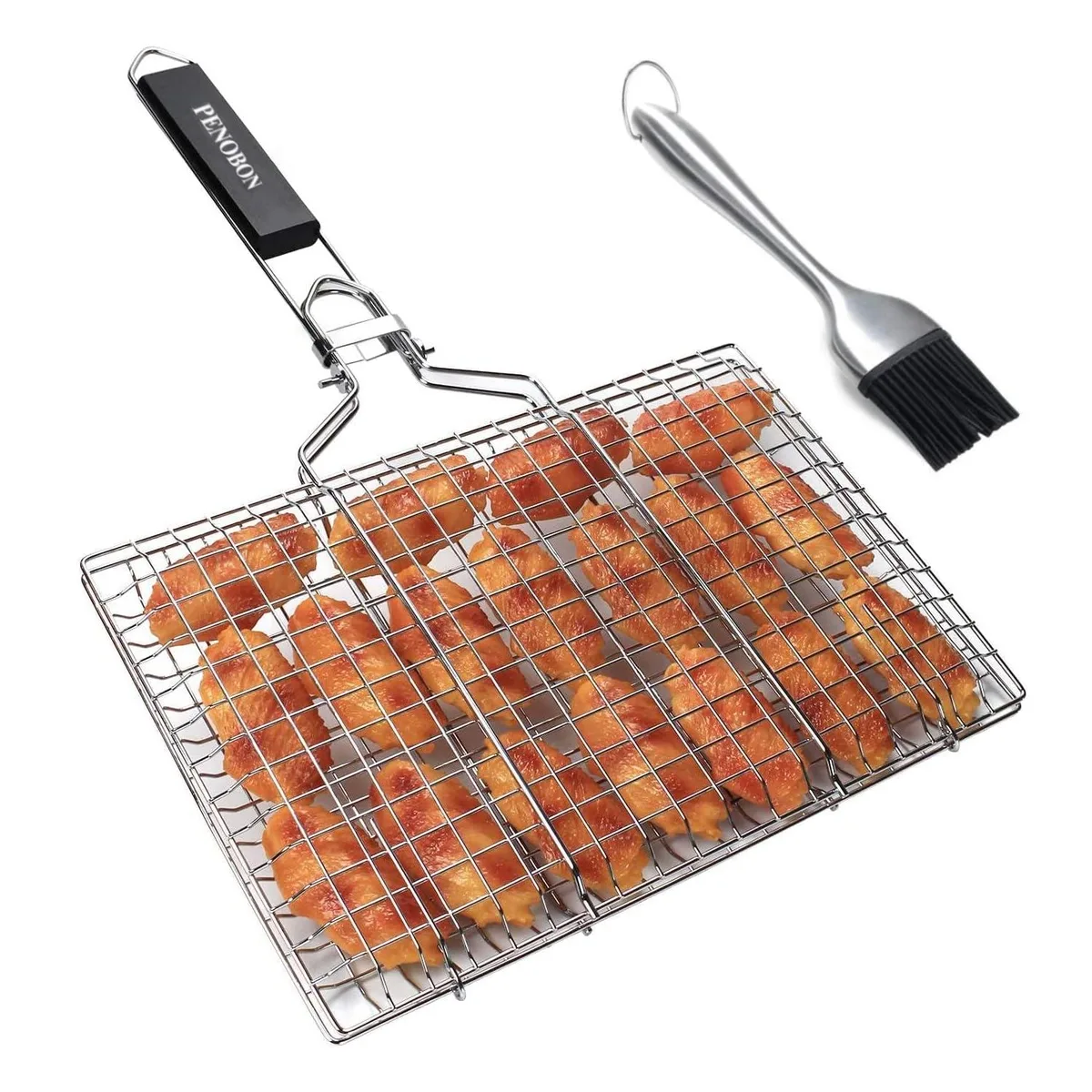 Red two-tier stainless steel fish grilling basket with removable handle, basting brush and storage bag