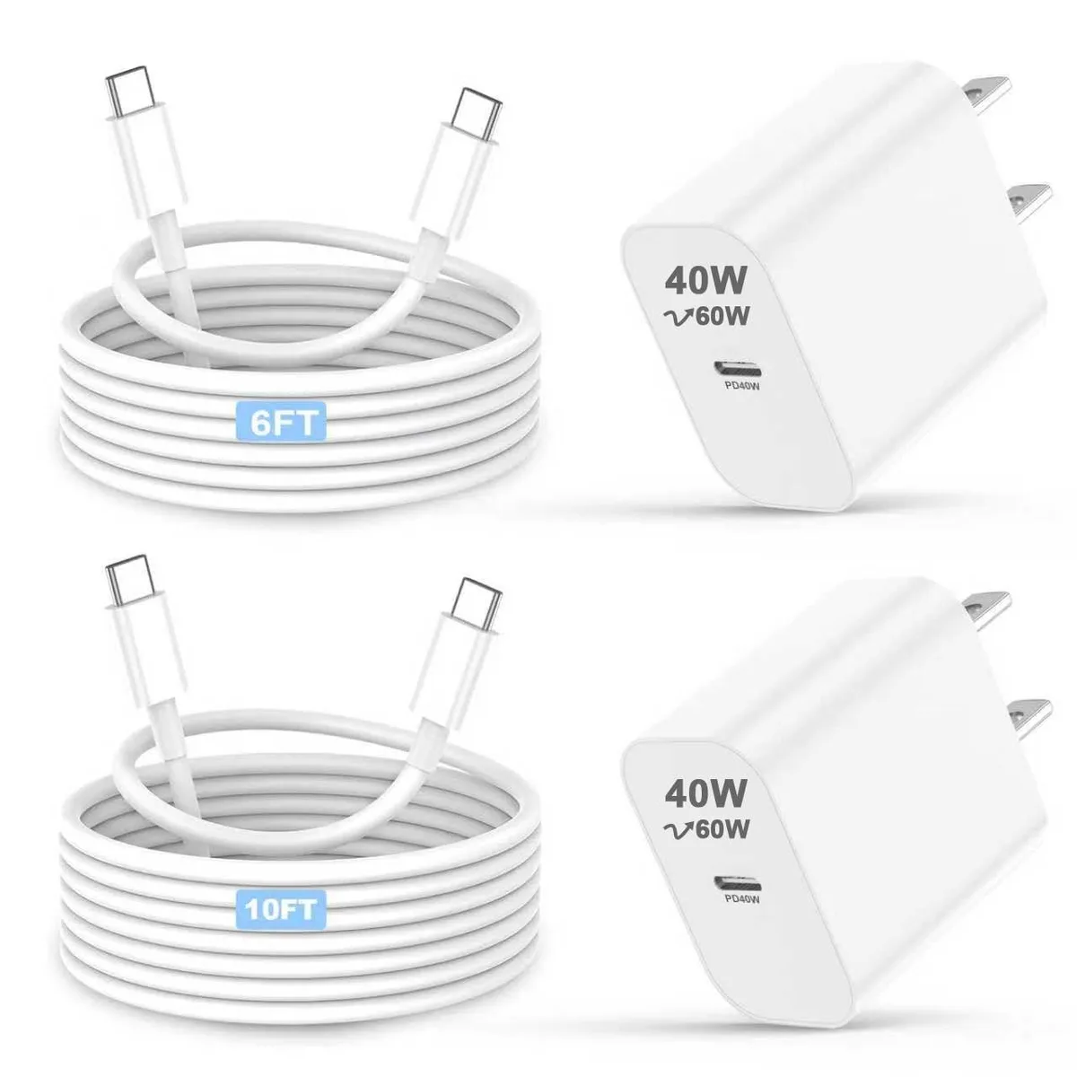 White compact wall charger with attached 10ft USB-C cable