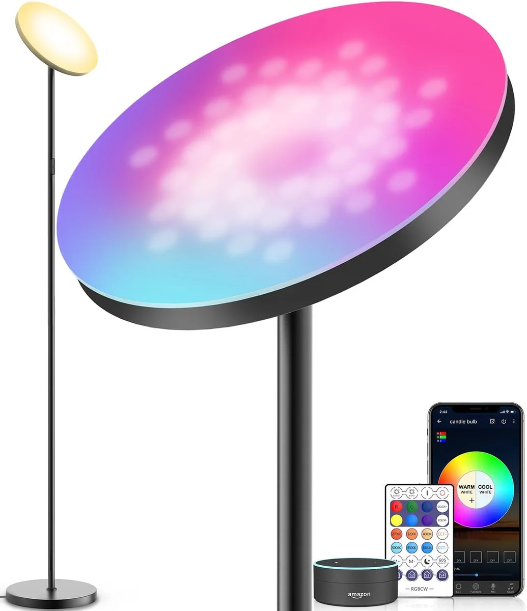 Tall black floor lamp with weighted base and RGB light column