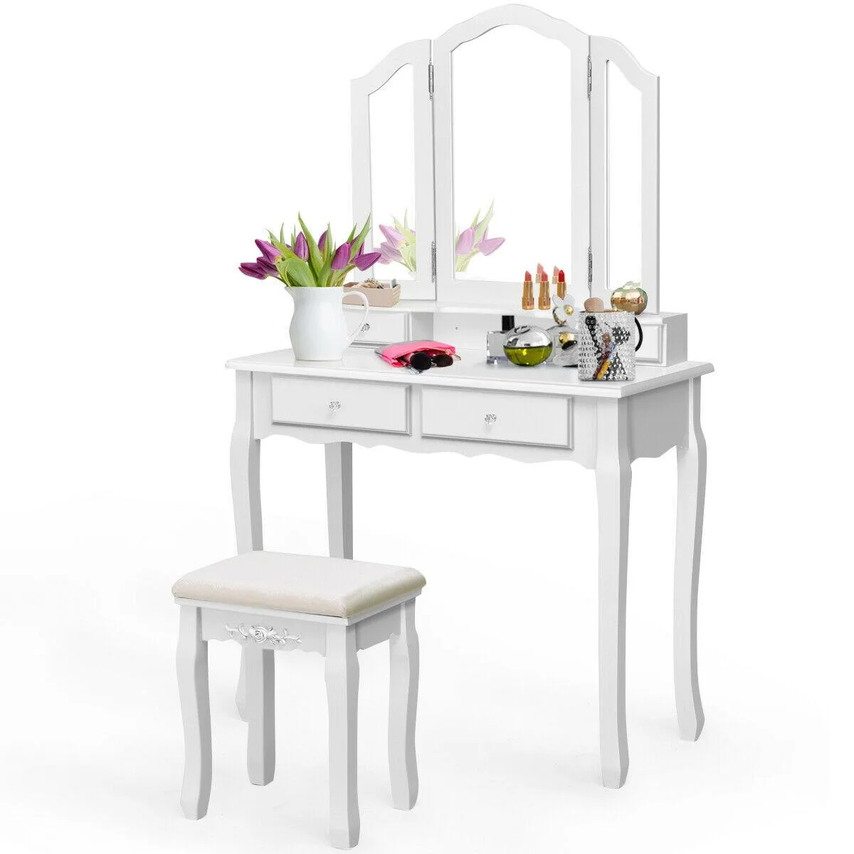 White tri-folding vanity table with three mirrors, four drawers, and matching stool