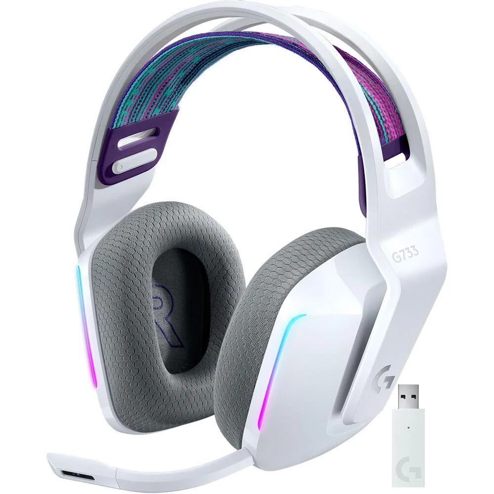 White over-ear wireless headset with adjustable suspension headband, memory foam earpads and RGB lighting zones