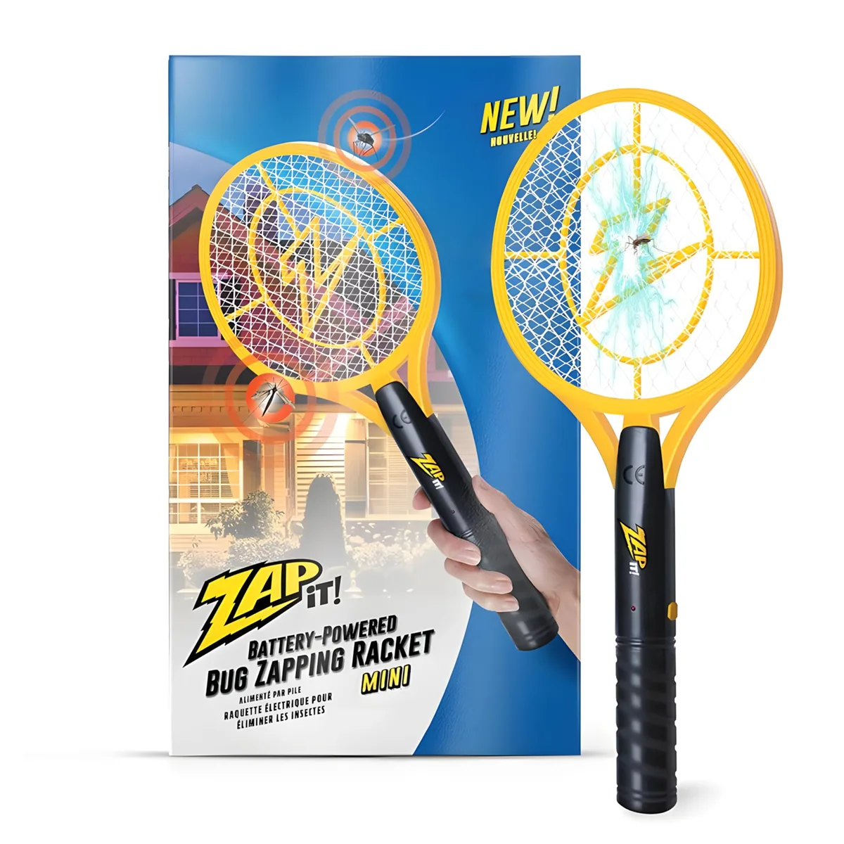 Yellow plastic bug zapper racket with LED light and triple mesh grid