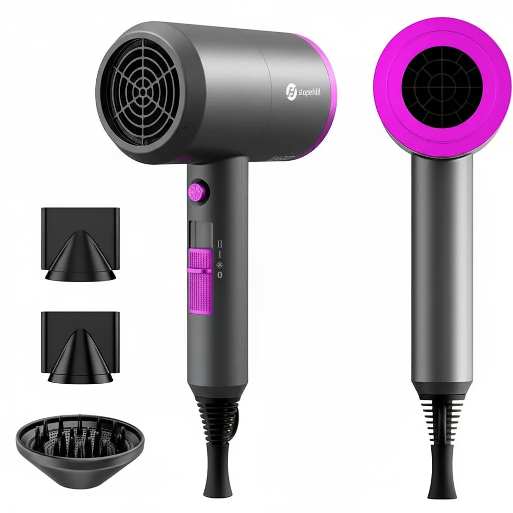 Grey hair dryer with concentrator and diffuser attachments