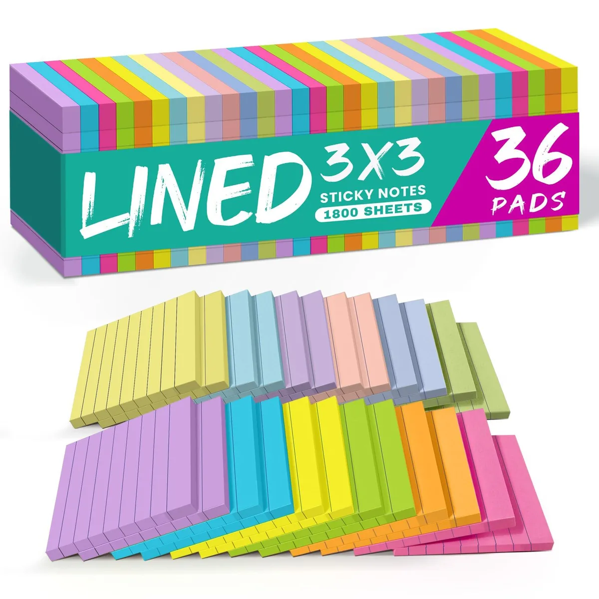A stack of 36 square bright sticky note pads, each 3x3 inches, lined sheets