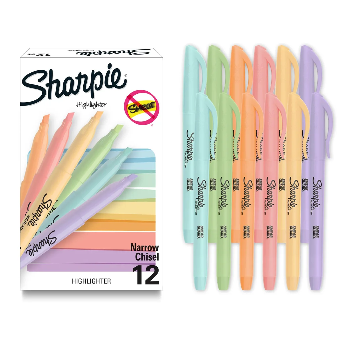 Twelve slim pastel highlighters with chisel tips and pocket clips in a rectangular pack