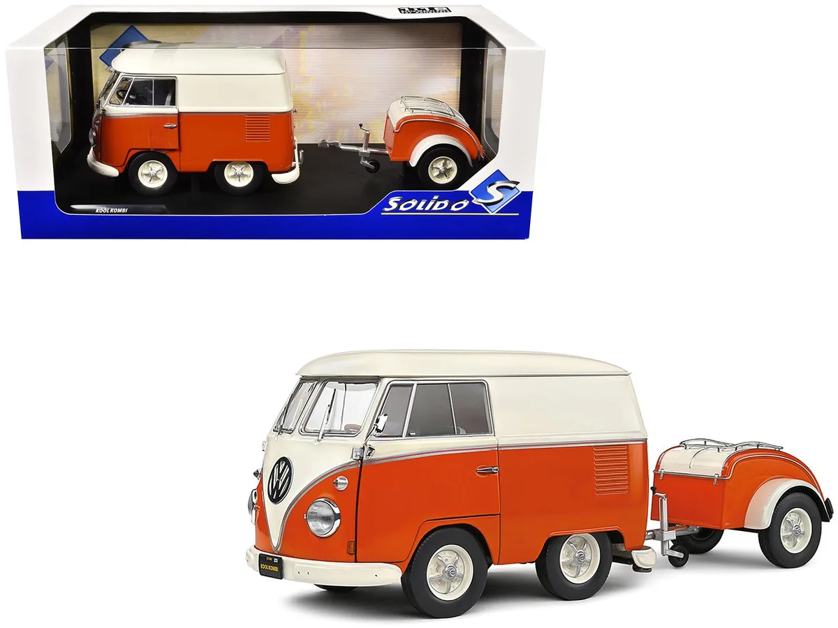 Solido Solido 1950 Volkswagen Kool Kombi Van with Trailer Orange White 1/18 Diecast — product photo