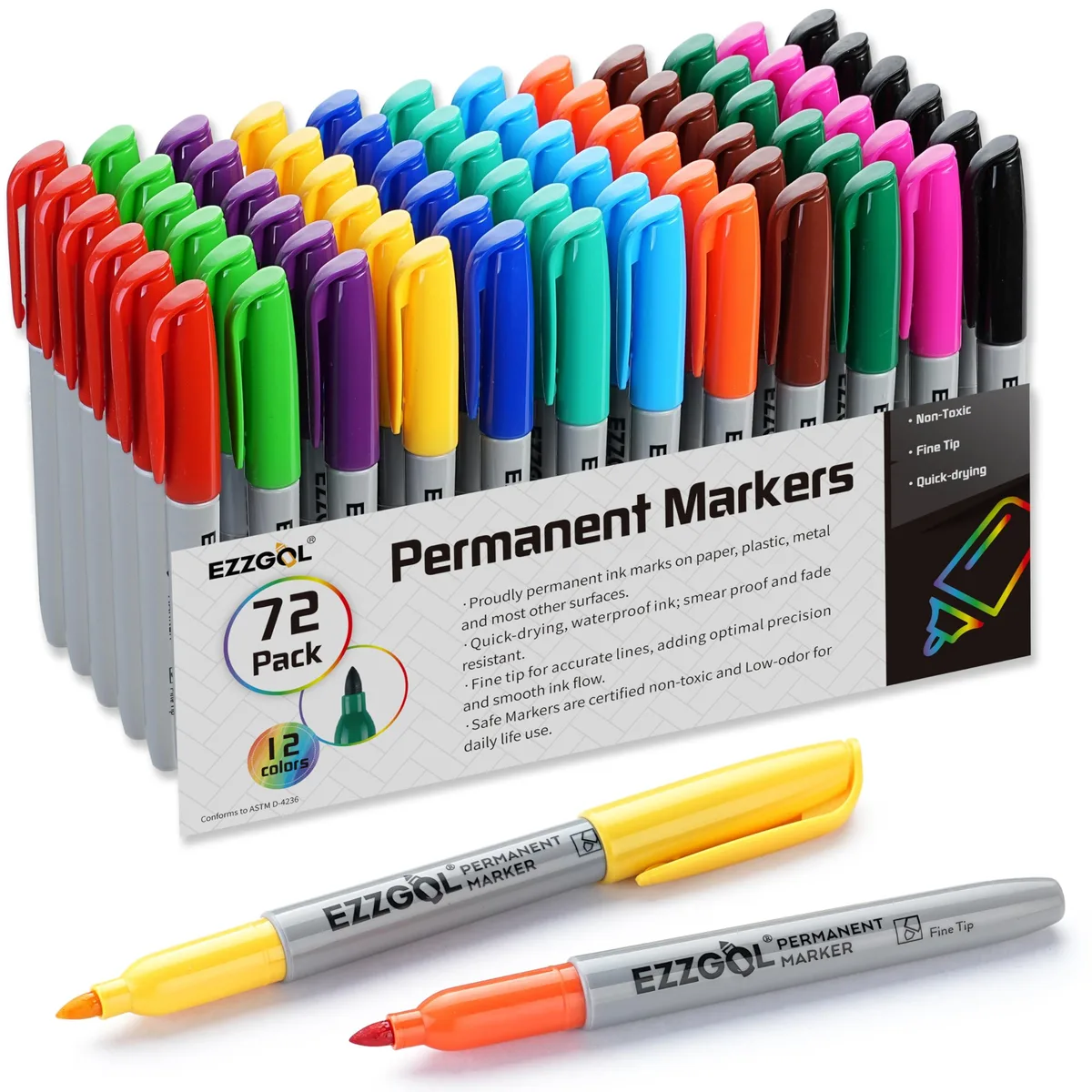  Ezzgol Permanent Markers Pack of 72 12 Assorted Colors Fine Point — product photo