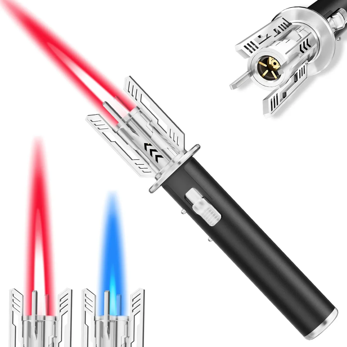 Black metal butane torch with adjustable flame wheel and safety lock