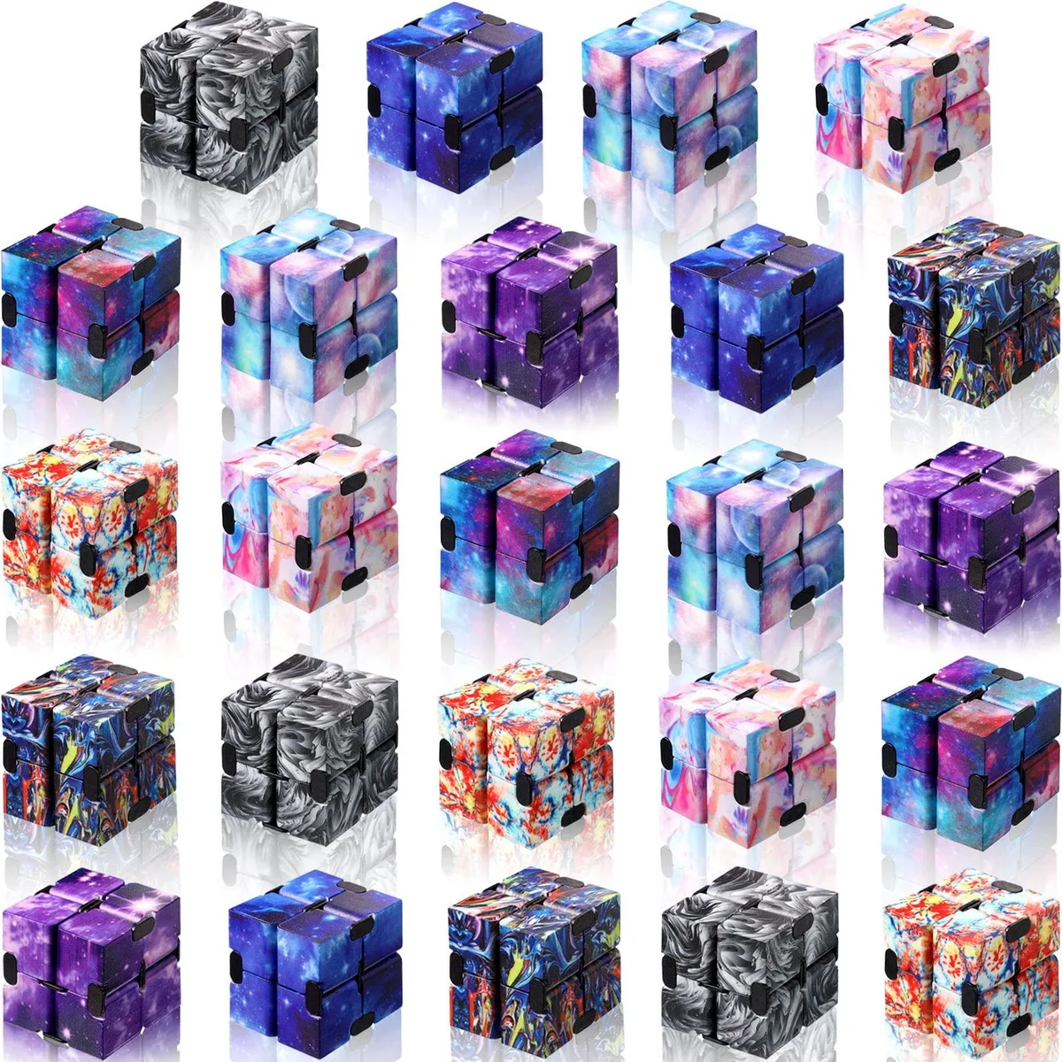 Twenty-four small plastic infinity cubes in macaron colours, each 4 cm square, starry finish