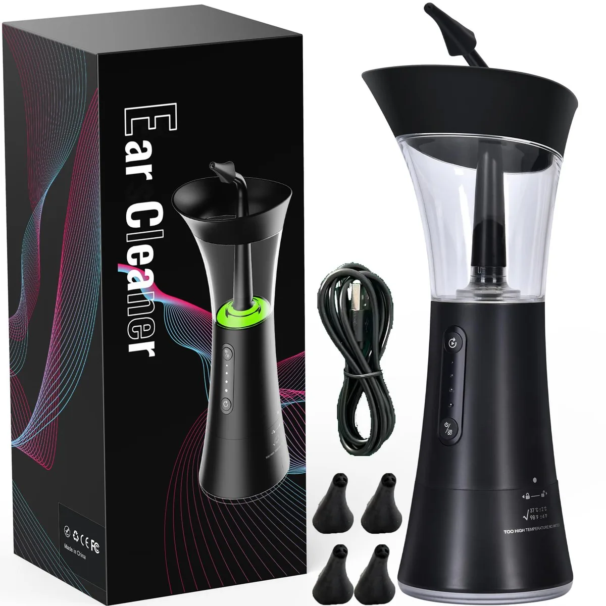 Black handheld ear irrigation device with transparent dual-chamber water tank and USB-C cable