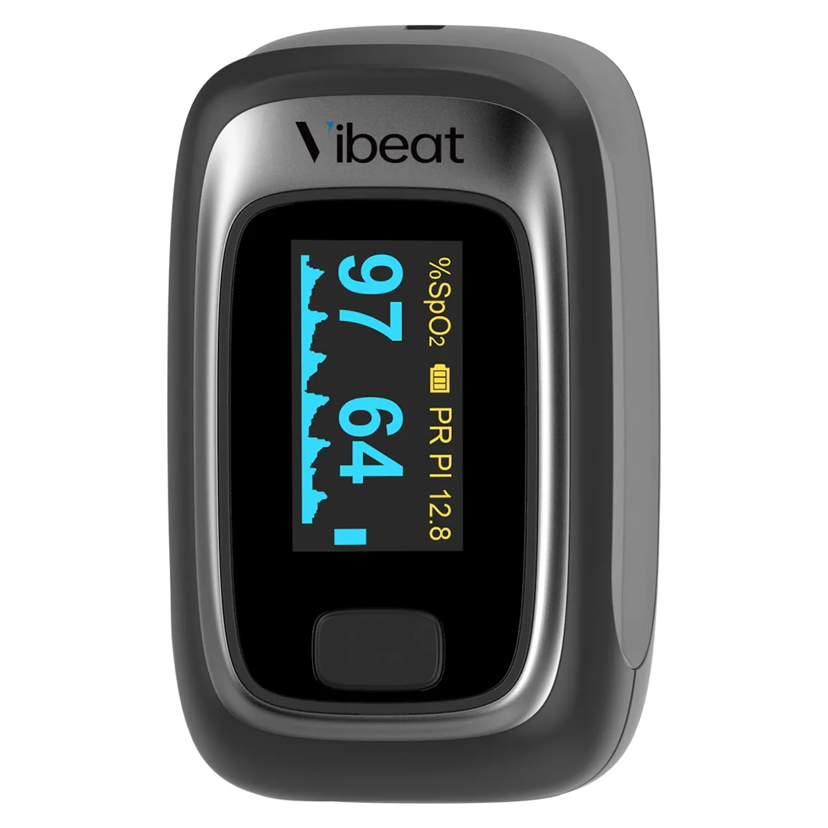 Black fingertip pulse oximeter with OLED display, lanyard and pouch