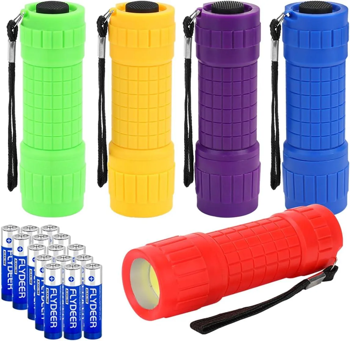 Five small plastic flashlights in assorted colours with lanyards and AAA batteries