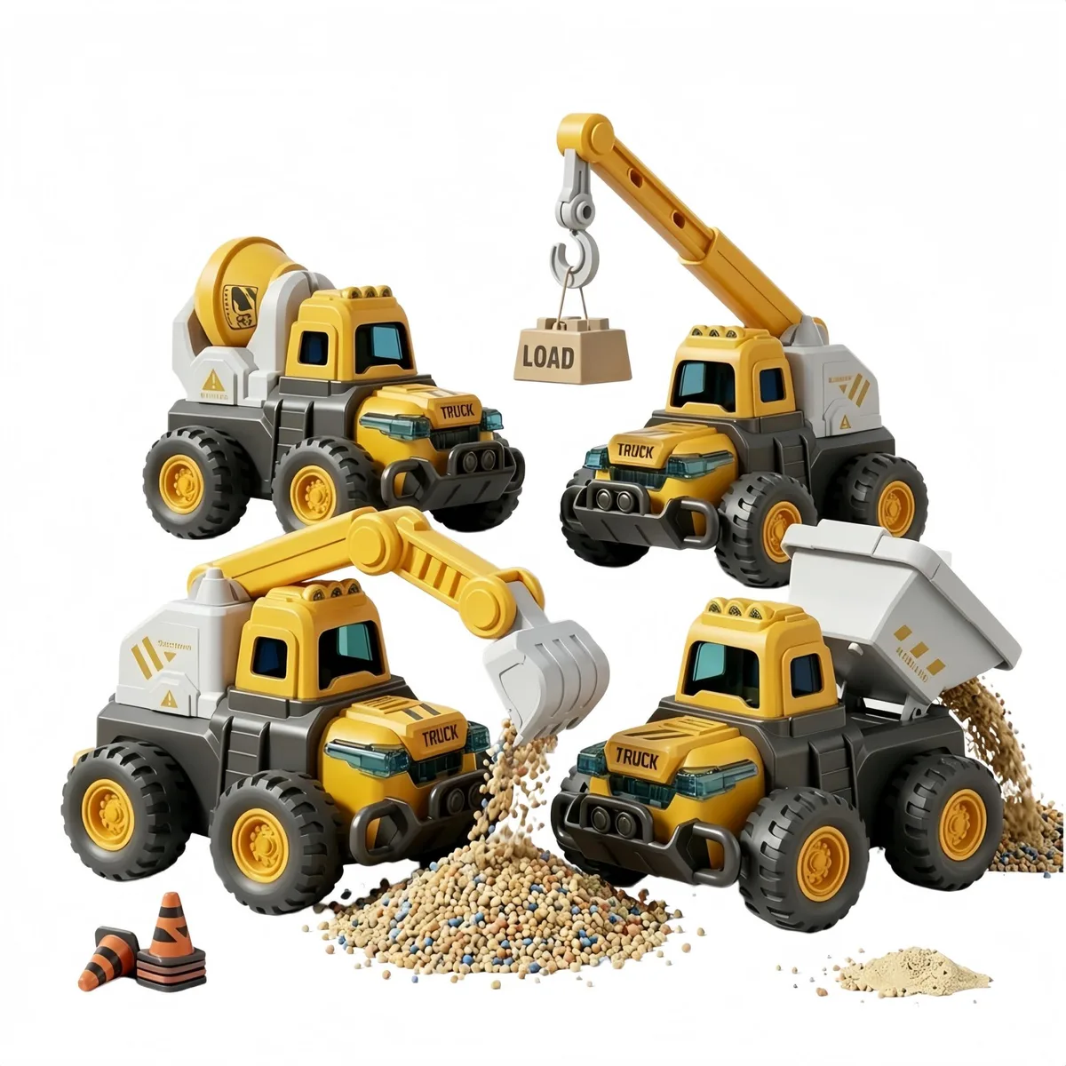  4 PCS Kid Construction Trucks Excavator Crane Dump Cement Mixer 4.7 x 3 x 3.2 inch — product photo