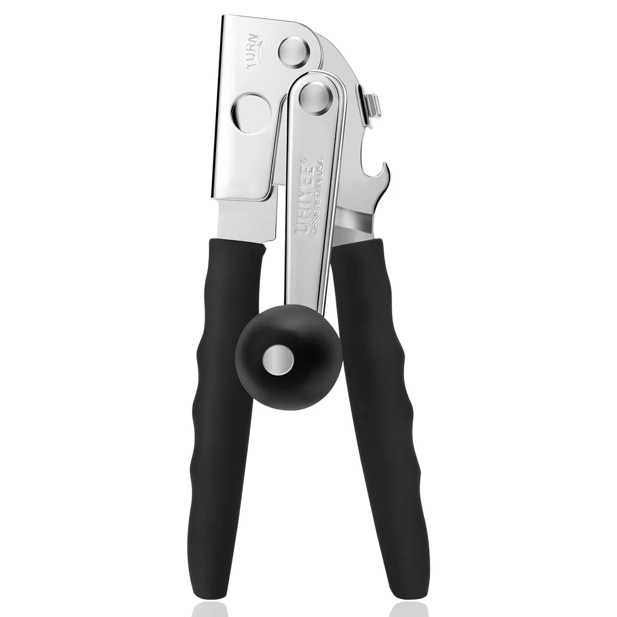 Black manual can opener, 8.8 inches long, stainless steel body with long soft-grip handles and oversized turning knob