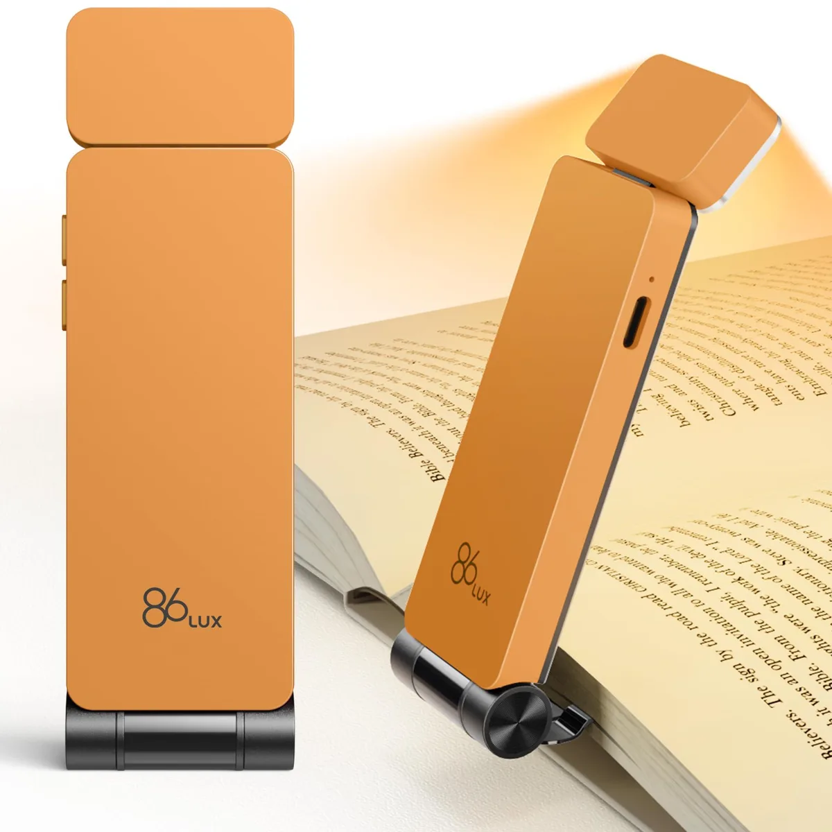 Papaya orange clip-on book light, ultra-thin foldable design with flexible head and USB-C port