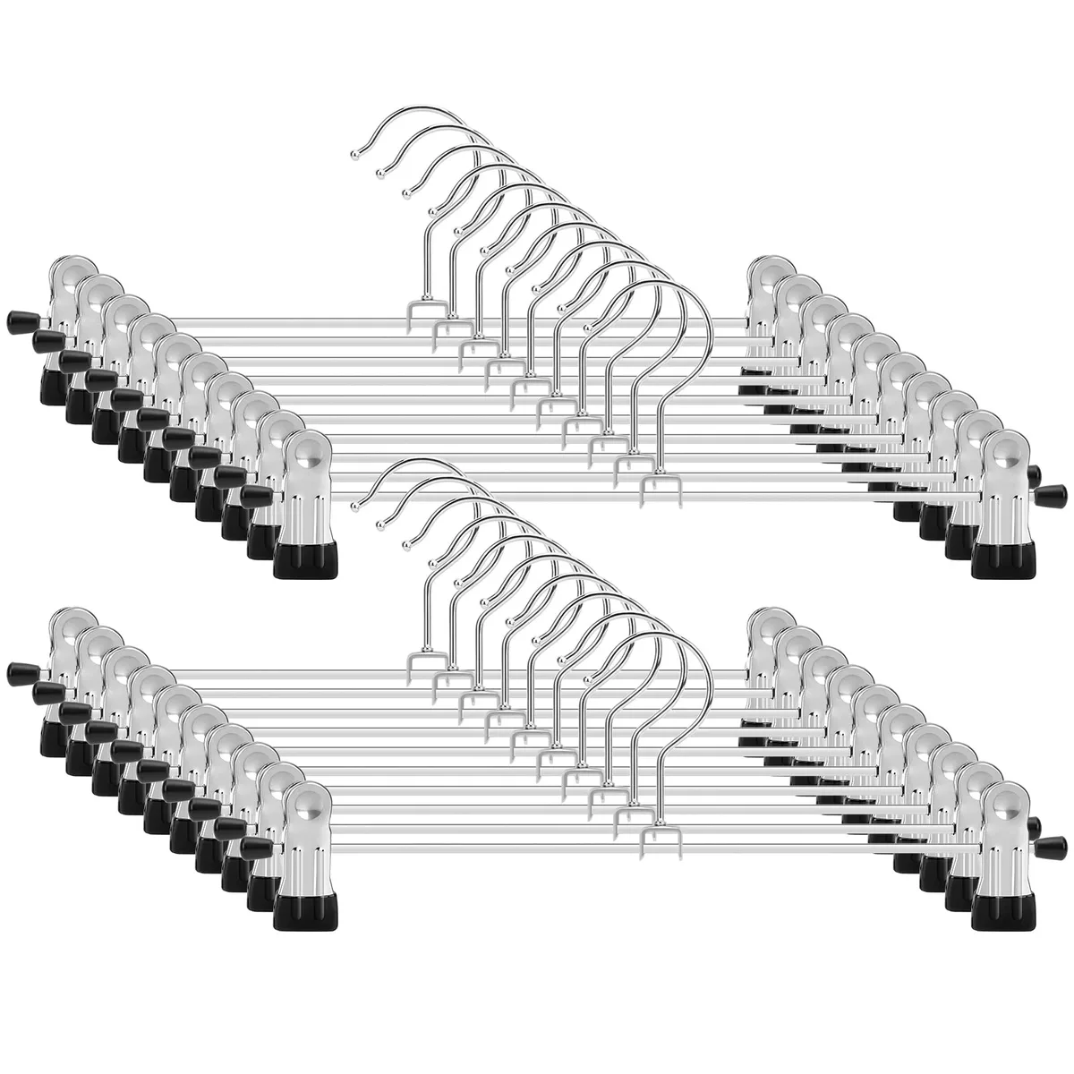 Ten black metal trouser hangers with adjustable clips and chrome swivel hooks