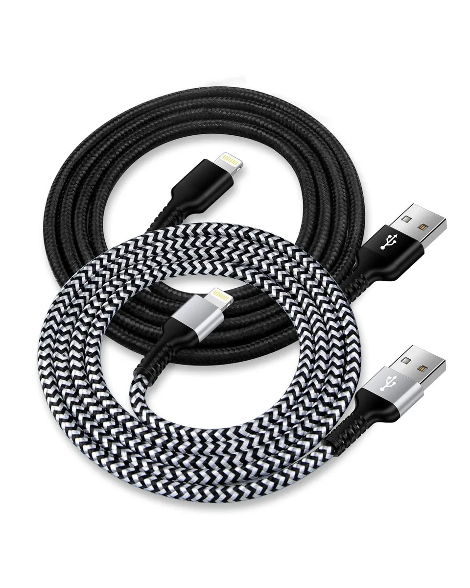 Two 10 ft USB-A to Lightning braided cables, one black one white