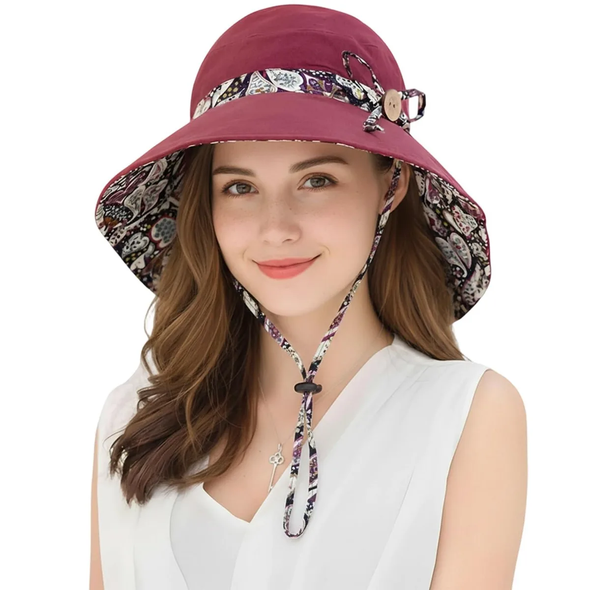  LAC001-WineRed Reversible Wide Brim Hat UPF50+ 56-58 cm — product photo