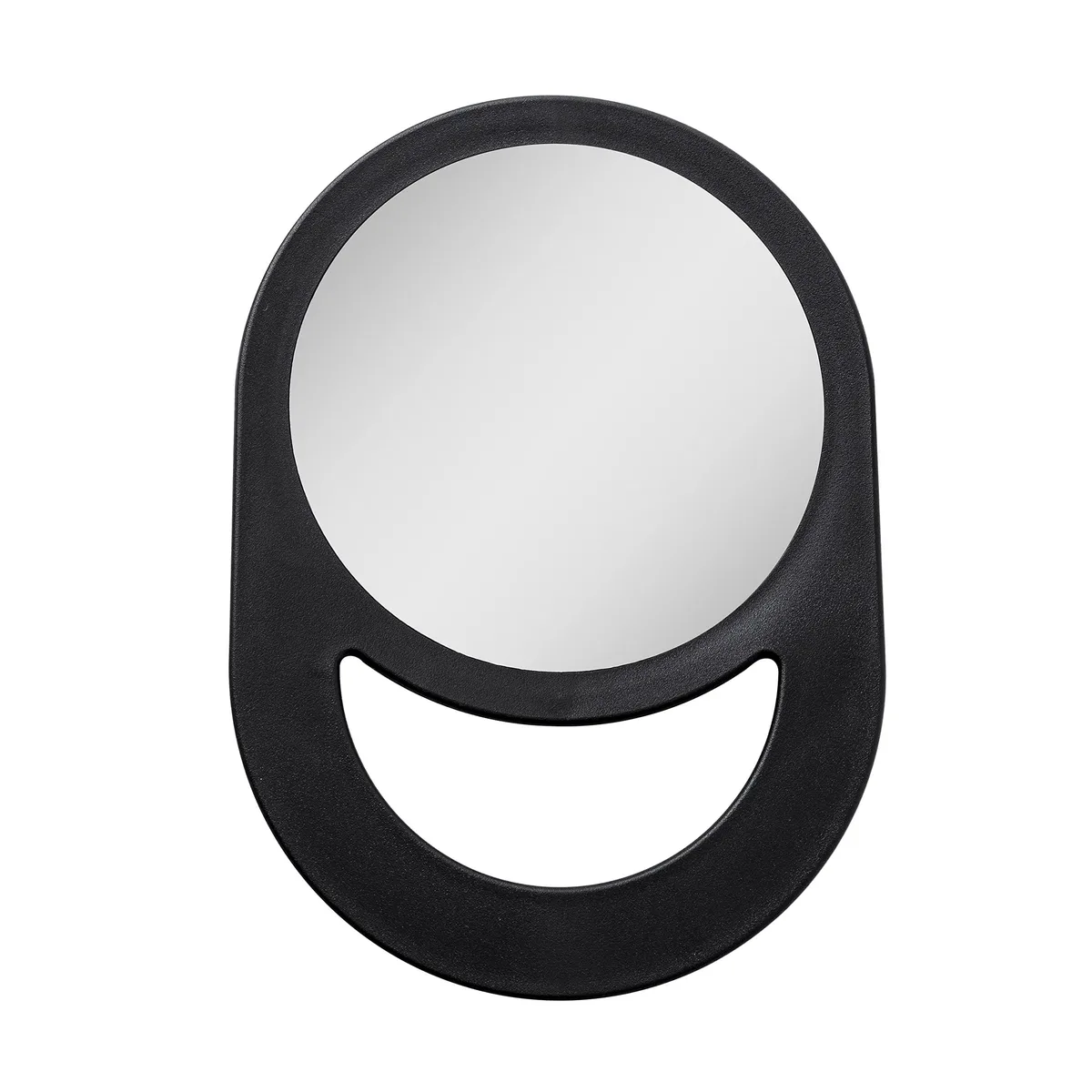 Black and grey plastic handheld mirror with 6.25 inch round glass and curved handle