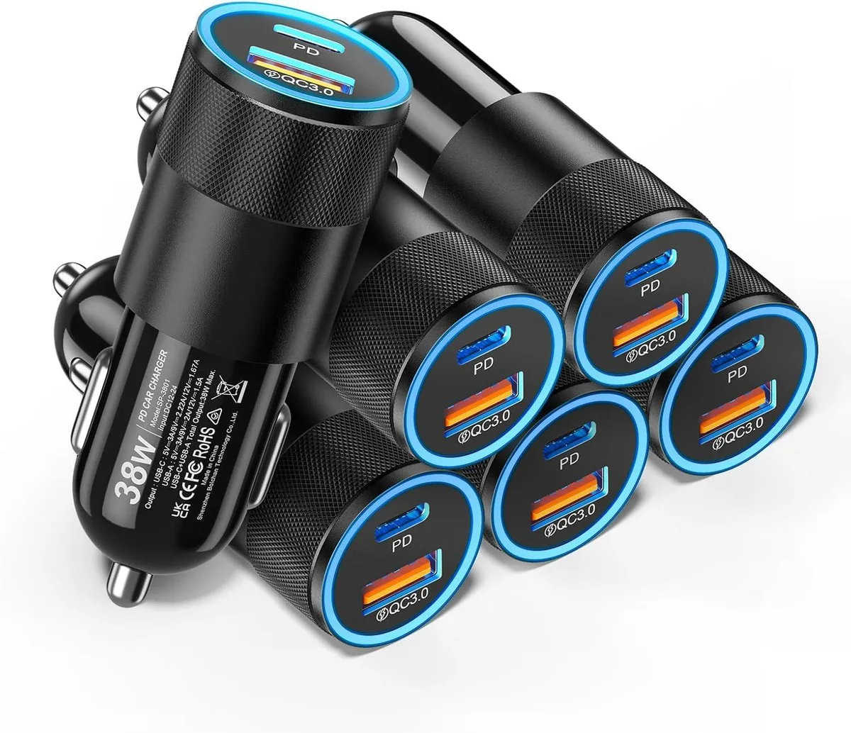 Six compact black car chargers with dual USB-C and USB-A ports and blue LED indicator