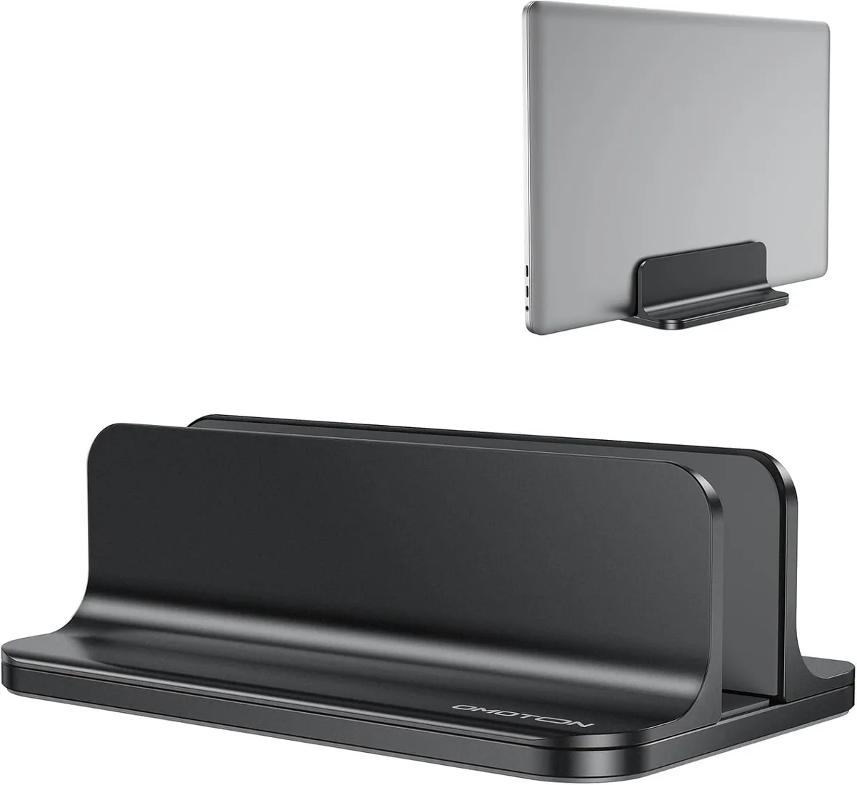 Black anodized aluminum vertical laptop stand with adjustable dock and silicone pads