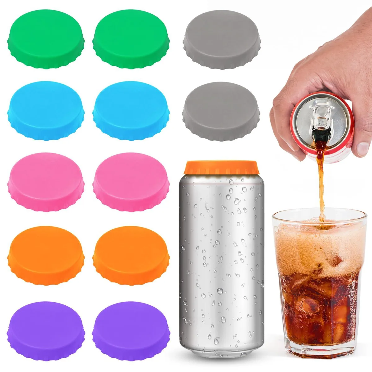 Twelve multicolour silicone can covers stacked, each 2.13 in diameter with a low-profile lip