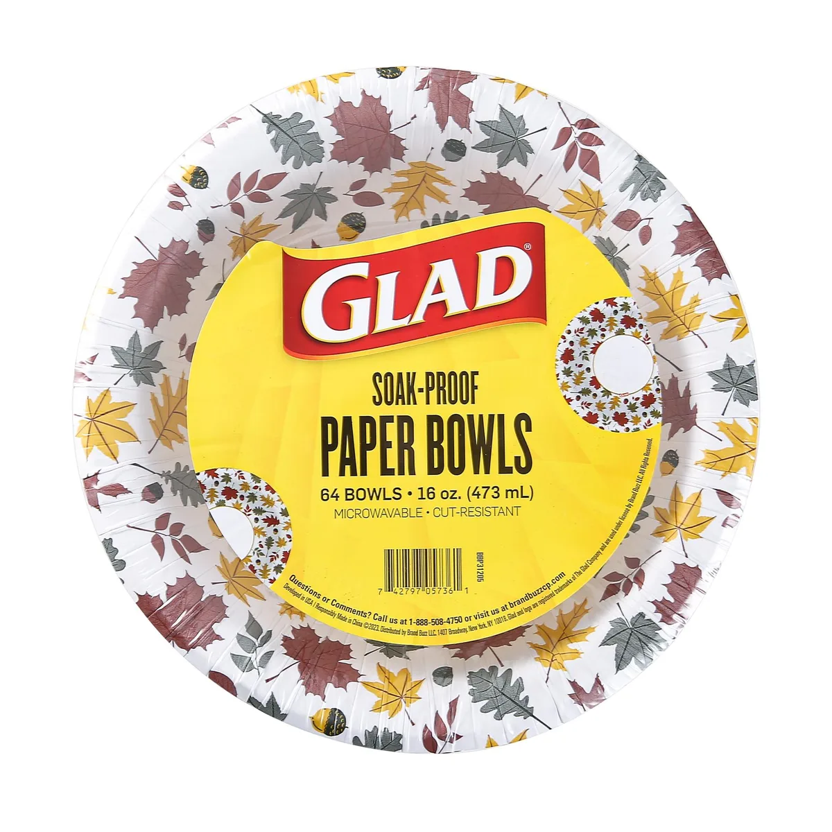 Stack of 64 round 16 oz paper bowls with autumn foliage pattern in brown and red