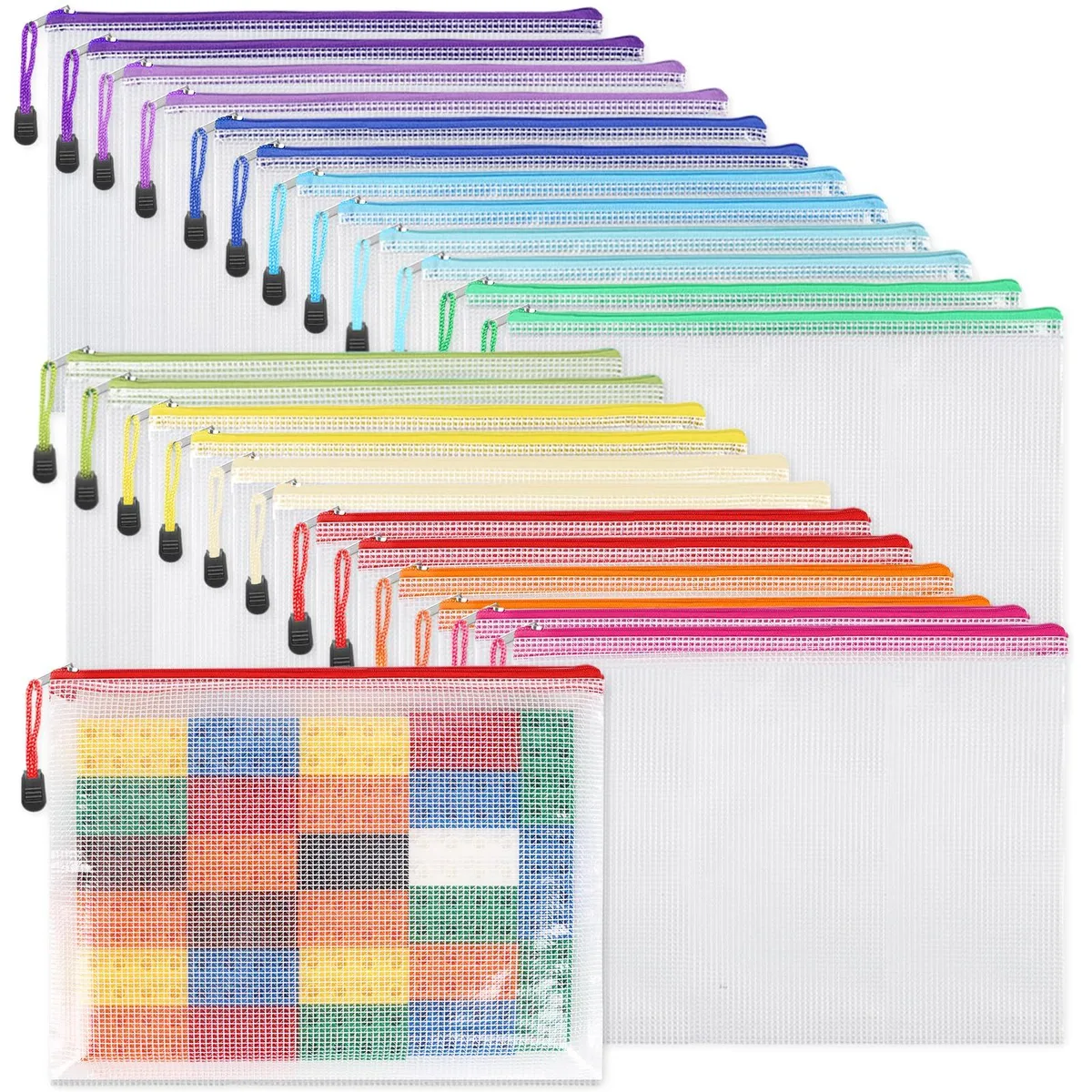 Twenty-four A4 mesh zipper pouches in assorted colours, PVC finish, 13.5 by 9 inches
