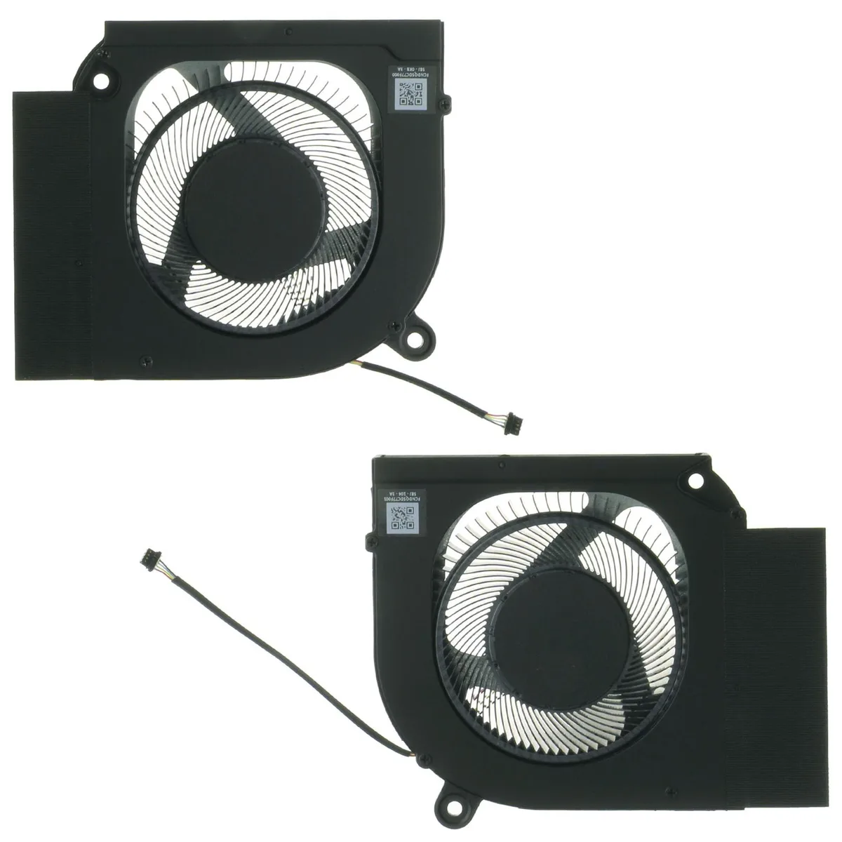 Two black laptop cooling fans side by side with four-pin connectors