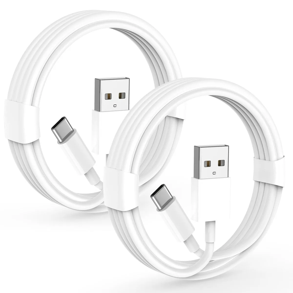 Two white USB-A to USB-C cables, three feet long, coiled together