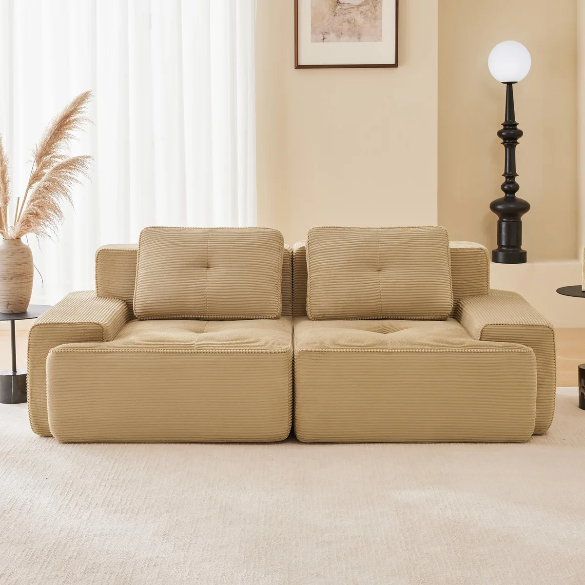 Camel corduroy L-shaped modular sofa, deep seat, tufted piping, 82 inches wide