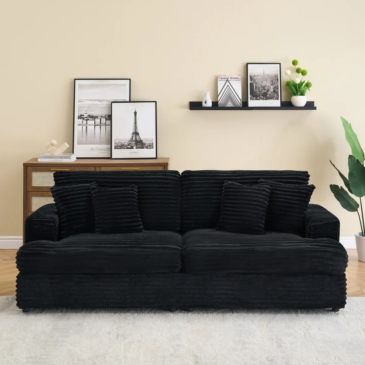 tuphen tuphen 79.3" Corduroy 3-Seater Sofa with 4 Pillows, Black — product photo
