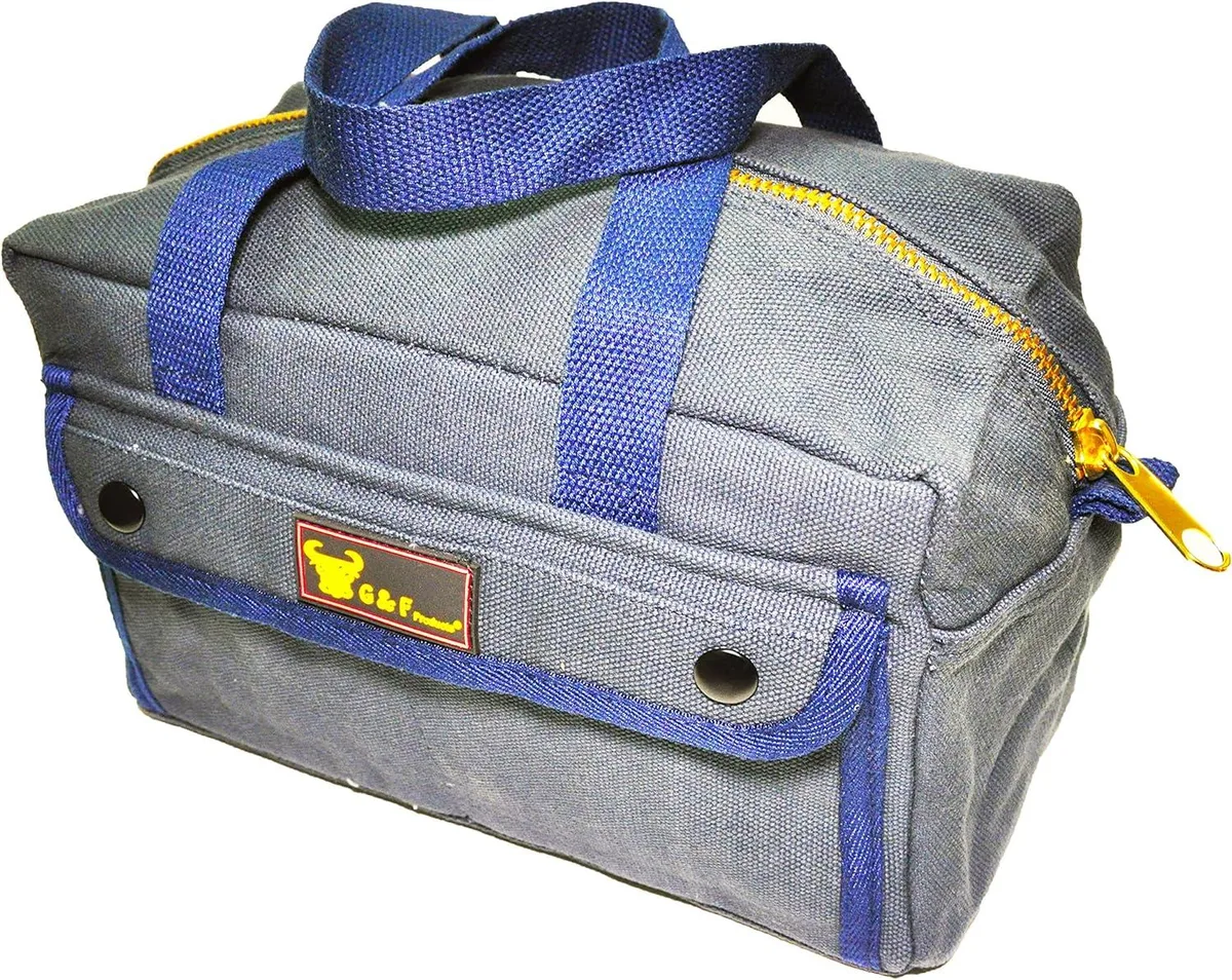 Navy cotton canvas tool bag with brass zipper and side pockets, 11x7x6 inches