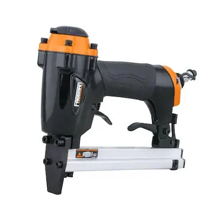 Silver pneumatic upholstery stapler with extended nose, padded grip and bottom-load magazine