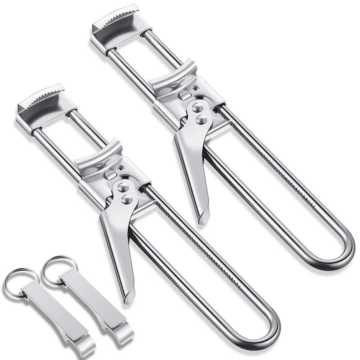 Two stainless steel jar openers and two small keychain bottle openers in silver finish