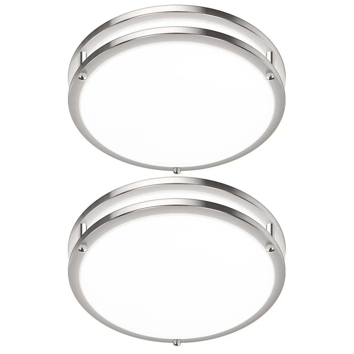 Two white round flush-mount ceiling lights with clear prismatic acrylic covers and brushed nickel frames