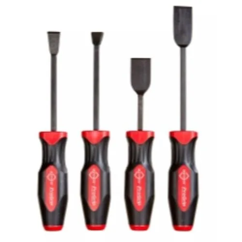 Set of four ergonomic scrapers with composite handles and carbon steel blades, straight and angled forms