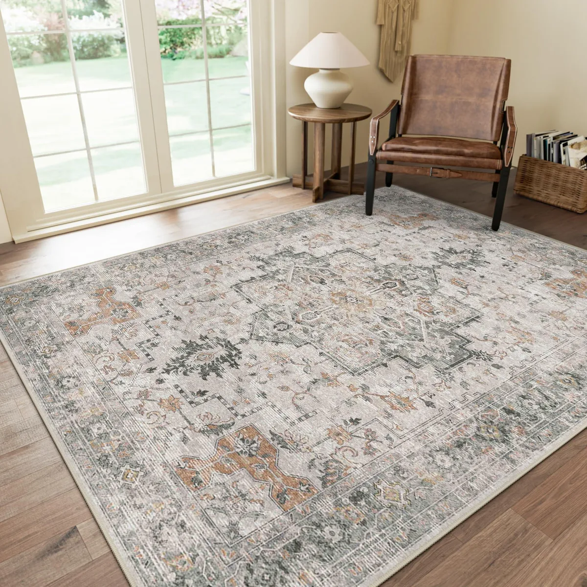 Taupe rectangular polyester area rug with vintage floral pattern, low pile, machine washable