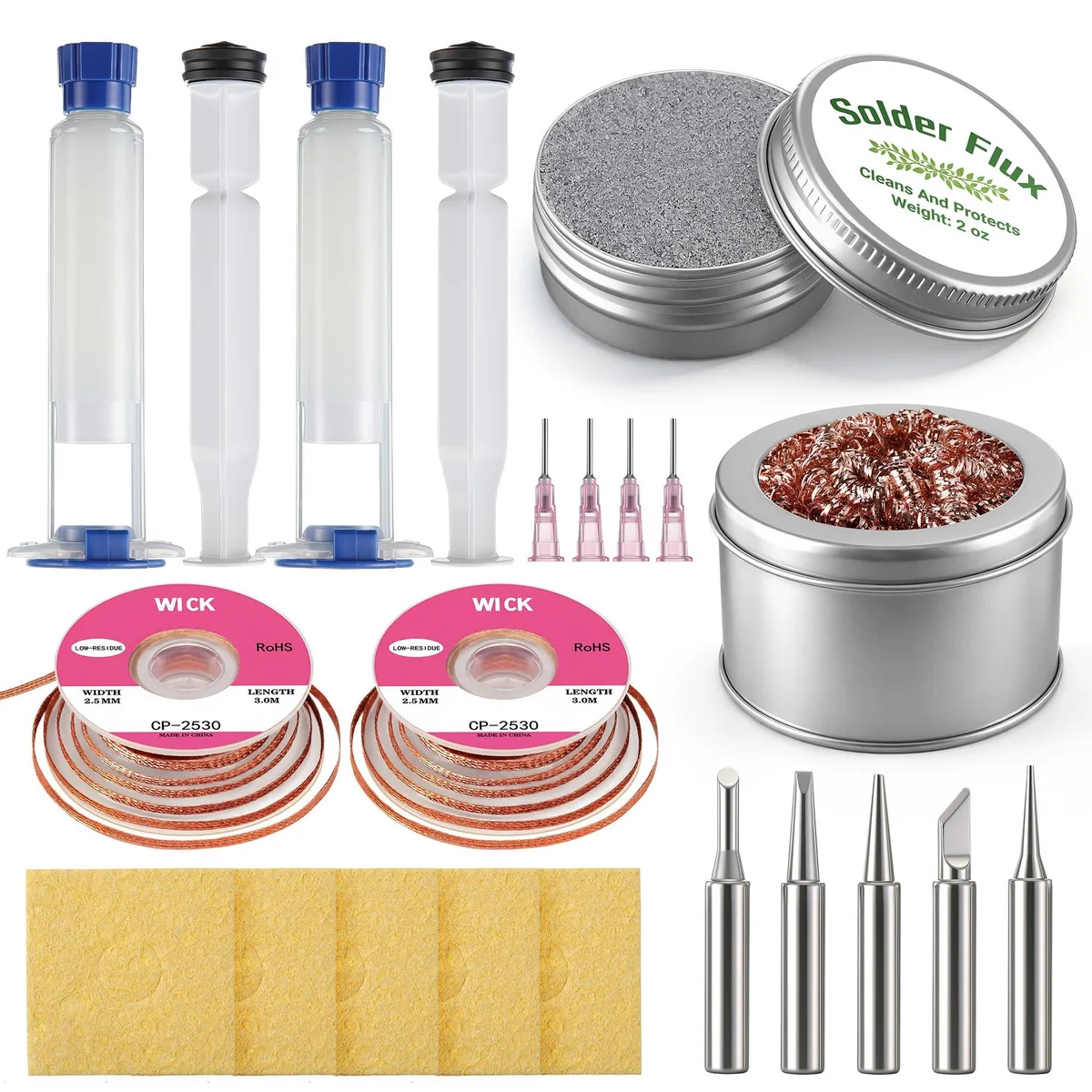 Soldering tip cleaning kit with brass wire, flux paste, tip tinner, solder wick, tips, sponges, needles