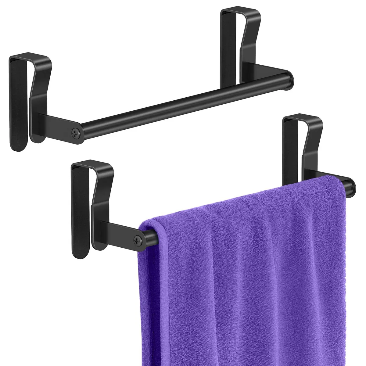 Two black stainless steel cabinet door towel bars with adjustable hooks and EVA pads
