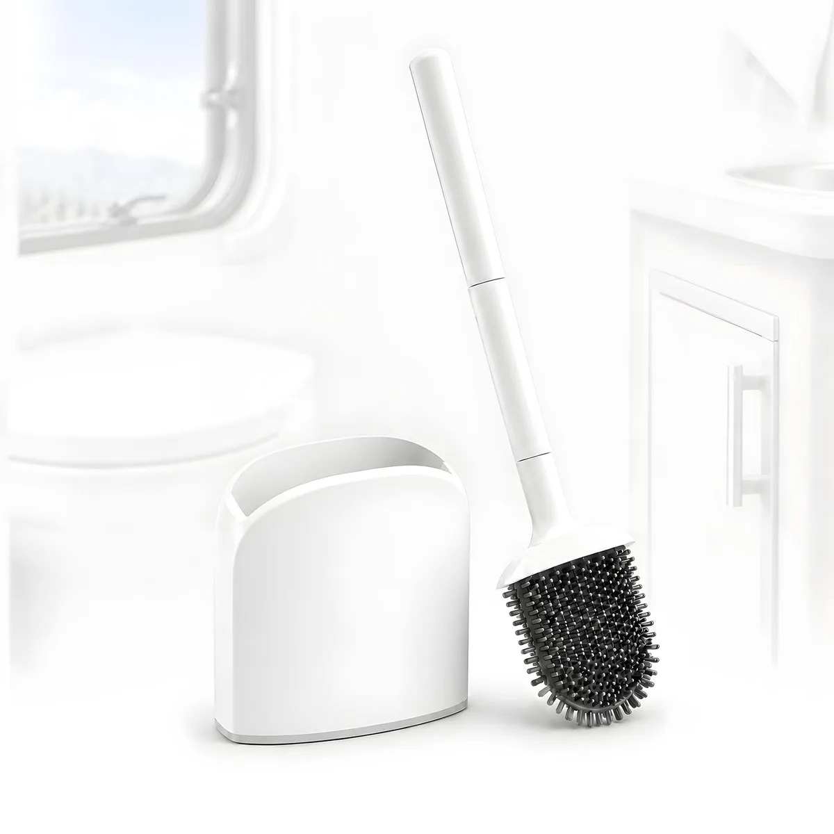 White wall-mounted silicone toilet brush and holder set, flat brush head, adhesive backing
