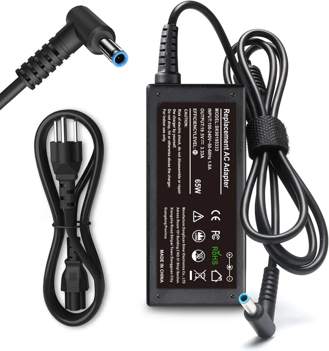 Black rectangular power brick with barrel connector and detachable mains lead