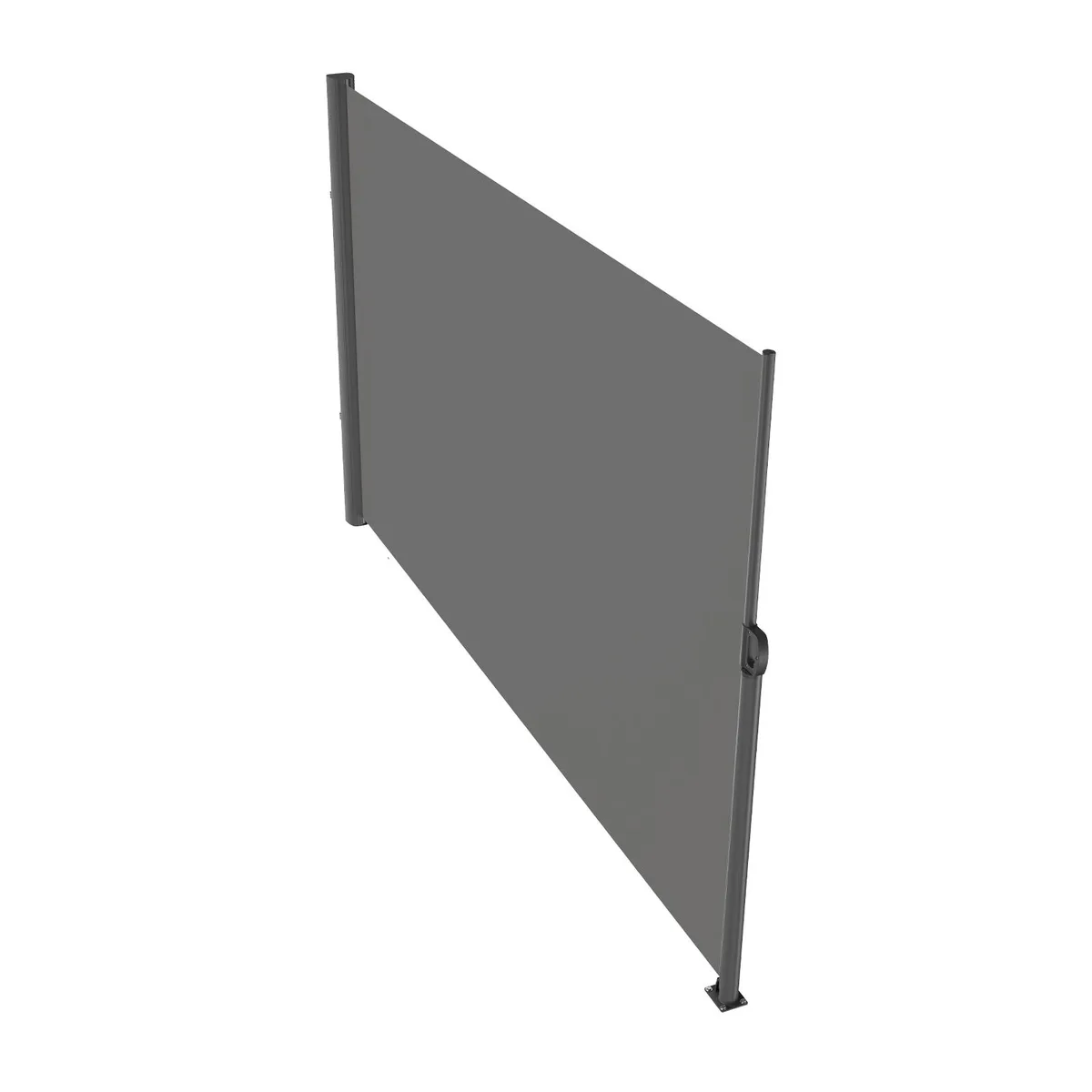 Gray retractable side awning with aluminum frame and fabric screen extended horizontally