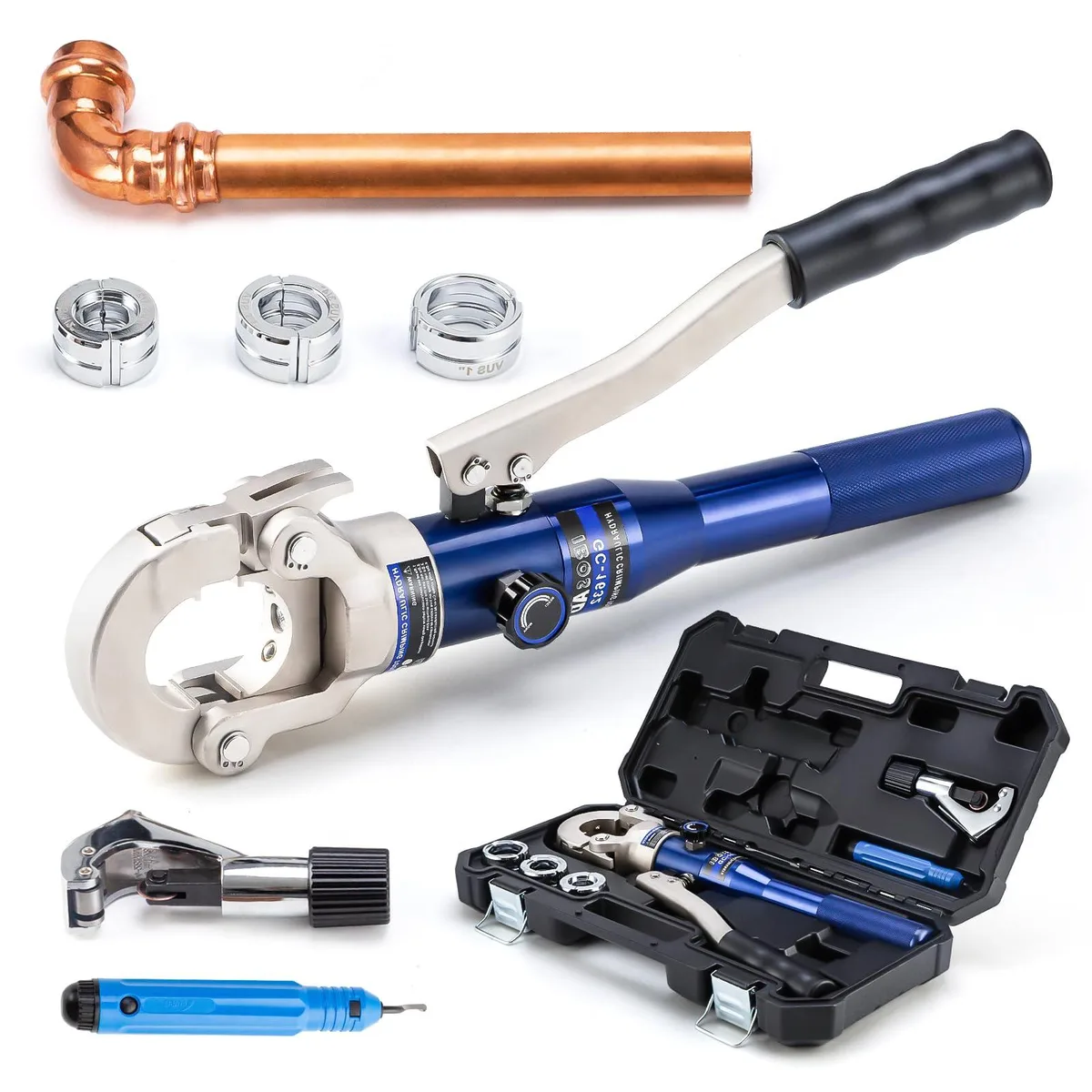 WORKPRO GC-1 hydraulic crimping tool set with three interchangeable jaws and pipe cutter