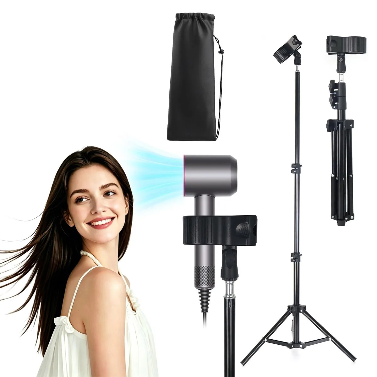 Hands Free Hair Dryer Stand with Tripod, 23.6-47.2 Inch Adjustable Height, 180° Rotating Clip — product photo